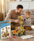 Father and child building Gravity Crane Science Kit for Kids, showing pulley and lever model with package in living room.