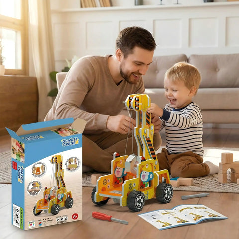 Father and child building Gravity Crane Science Kit for Kids, showing pulley and lever model with package in living room.