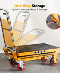 Heavy Duty Hydraulic Lift Table Cart With Single Scissor Mechanism And 1100 Lb Capacity, Yellow Finish, showing one-step storage feature.