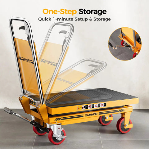 Heavy Duty Hydraulic Lift Table Cart With Single Scissor Mechanism And 1100 Lb Capacity, Yellow Finish, showing one-step storage feature.