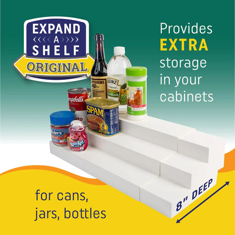 3 Tier Expandable Cabinet Shelf Organizer Knockout Storage Hack Heavy Duty Build holds cans and jars on smooth white surface