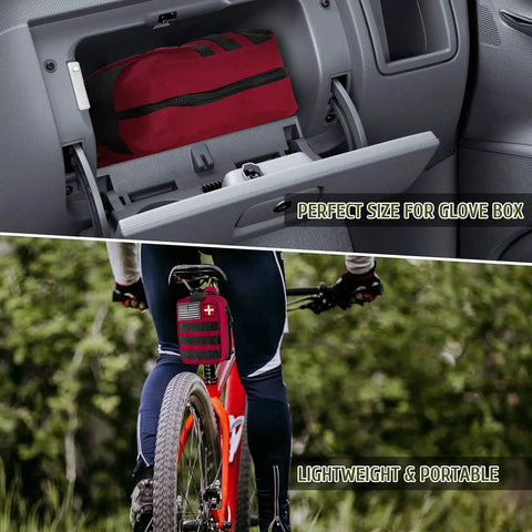 170 Piece Survival First Aid Kit With Trauma Gear And Emergency Medical Supplies in red MOLLE pouch fitting in glove box and bike frame
