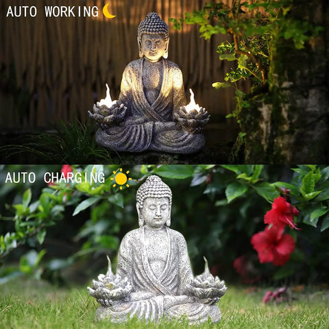 Sitting Meditating Buddha Statue 11.4 Inch Resin Garden Decor With Solar LED Lotus Lights, day and night views, outdoor setting