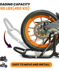 Beefed Up Heavy Duty Paddock Motorcycle Stand For Rear Wheel Lift With Fork And Swingarm Spool, shown lifting a rear wheel.