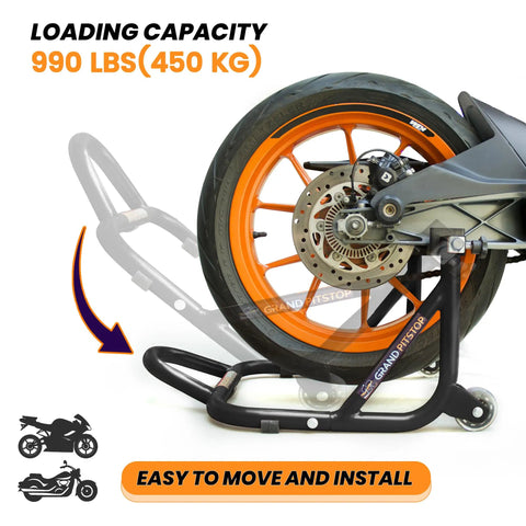 Beefed Up Heavy Duty Paddock Motorcycle Stand For Rear Wheel Lift With Fork And Swingarm Spool, shown lifting a rear wheel.