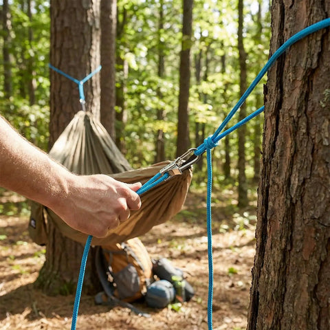 Person using Six Pack Rope With Roller Tensioner Set For Easy Secure Tying Pro Grade Heavy Duty Retractable Buckle Rope in forest camp setup