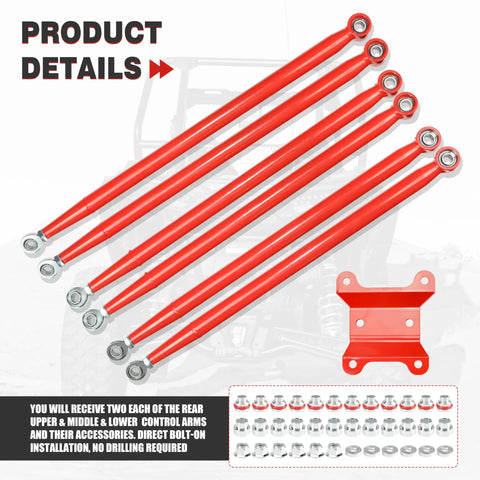 Can-Am Maverick X3 72 Inch Heavy Duty Boxed Rear Radius Arms With Heim Joints Pre Adjusted Steel Red For 2017 2023 X RC RS MR MAX Models 72 Inch Body Beefed-Up Off Road Upgrade rear suspension set