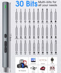 Mini Electric Screwdriver 62 In 1 Cordless Precision Power Tool Kit with 48 Magnetic Bits illustrated with 30 multi-bits.