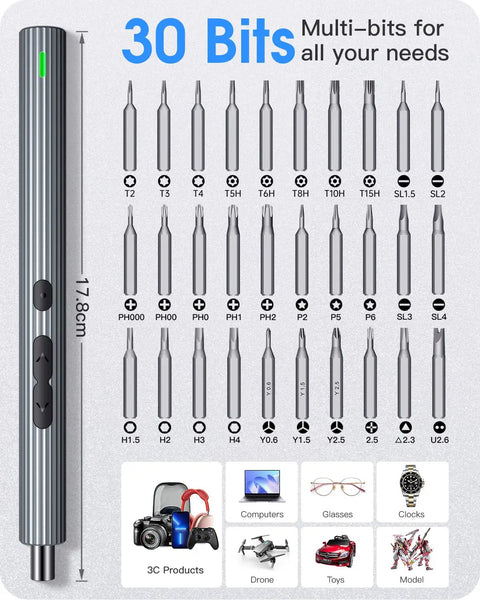 Mini Electric Screwdriver 62 In 1 Cordless Precision Power Tool Kit with 48 Magnetic Bits illustrated with 30 multi-bits.