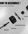 KATA hole saw kit exploded view showing mandrel, hole saw, installation plate, nut and drill chuck in black.