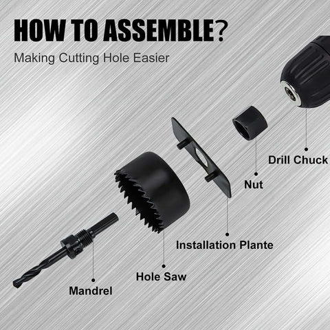 KATA hole saw kit exploded view showing mandrel, hole saw, installation plate, nut and drill chuck in black.