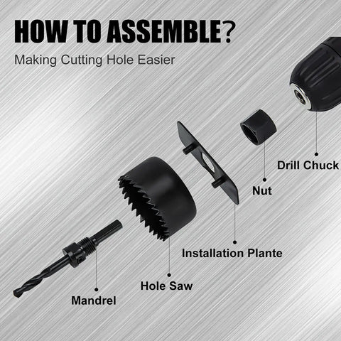 Beast Hole Saw Kit With 27 Piece Set Including 13 Blades assembly showing mandrel, hole saw, nut, and drill chuck.