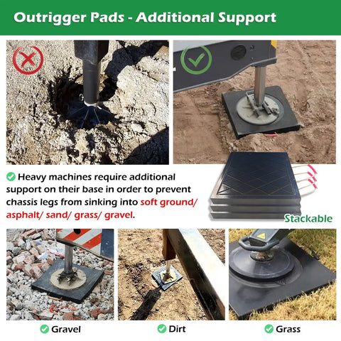 Image showing Badass Sturdy Travel Trailer Stand Pads Stackable Waterproof RV Support Blocks on gravel and dirt ground.
