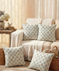 4 Pack 18x18 Inch Blue Green Block Print Pillow Covers Double Sided Vintage Spring Floral Boho Linen Pillowcases on cream sofa
