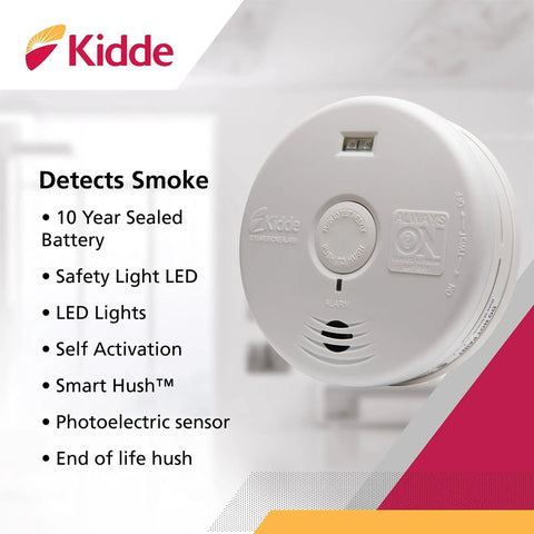 Hallway Smoke Alarm With Safety Light And Ten Year Sealed Battery No Fuss No Muss Worry Free Detector displayed in a room.