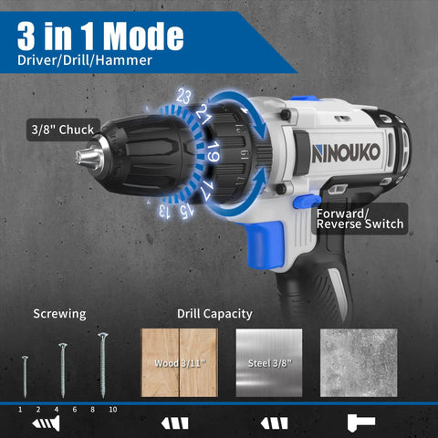 20V Cordless Impact Drill Driver Kit With Battery And Fast Charger, 2-Speed, 3-in-1 mode, showing 3/8" chuck and forward/reverse switch