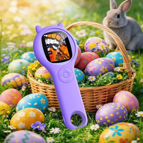 Portable Kids Microscope With 2 Inch Screen And 1080P Autofocus displayed among colorful Easter eggs and a rabbit