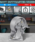 ASOMWLS 5x2 heavy-duty caster with brake; cast-iron wheel on metal mounting plate, side view