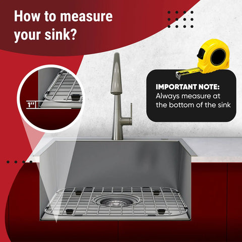 Diagram demonstrating how to measure for Premium Stainless Steel Sink Protector Set With 13x16 And 11.26x14.5 Grates For Double Bowl Kitchen Sinks No Slip Bottom Grids 2 Pack Fits Most Sinks Today.