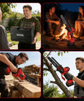 Man using 8 Inch Brushless Cordless Chainsaw With Tool Free Tensioning And Automatic Lubrication in various outdoor settings