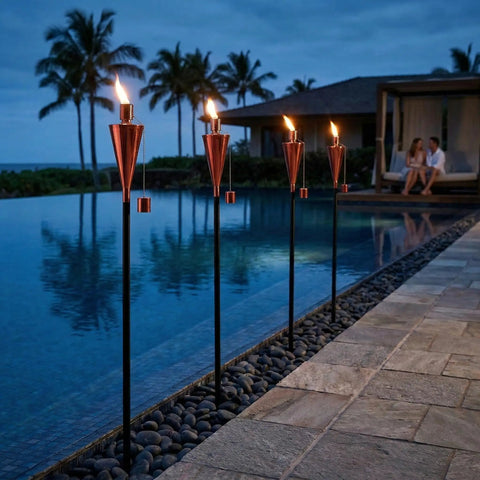 55 Inch Outdoor Oil Torch Lamps 2 Pack In Rose Gold, Rustproof Stainless Steel Citronella Torches by poolside at dusk