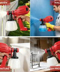 Badass Power 700W Electric Airless Paint Sprayer With Four Quick Swap Tips For Slick Even Coats And A No Sweat Finish On All Your Favorite Home Projects Red in use painting a fence, wall, furniture, and DIY project.