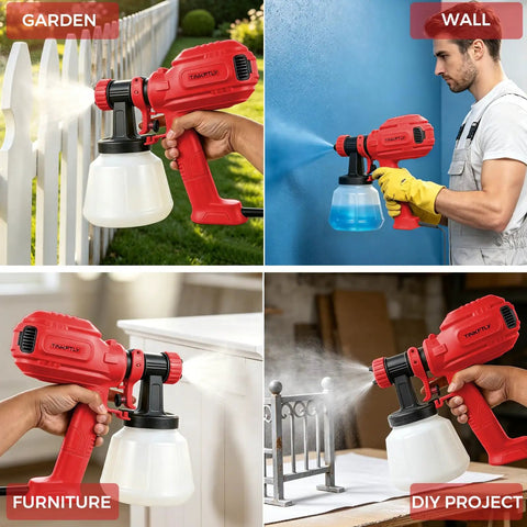 Badass Power 700W Electric Airless Paint Sprayer With Four Quick Swap Tips For Slick Even Coats And A No Sweat Finish On All Your Favorite Home Projects Red in use painting a fence, wall, furniture, and DIY project.