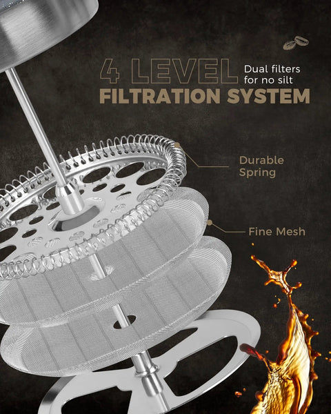4 level filtration system of French Press Coffee Maker 34 Oz Built Tough With Solid Wood Handle Double Wall Construction.