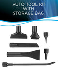 Hella Powerful Wet And Dry Garage Vacuum Featuring 11 Amp Motor And 6 Gallon Tank Multipurpose Shop Cleaner With Built In Blowing Function Smooth Cleanup For Auto Repair And Home Projects Real Deal Gear auto tool kit with different attachments and a storage bag.