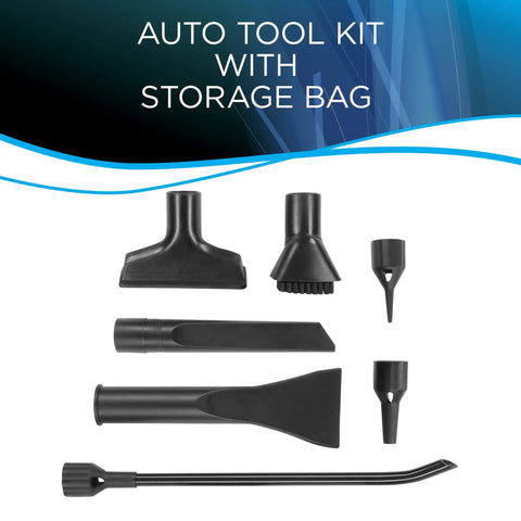 Hella Powerful Wet And Dry Garage Vacuum Featuring 11 Amp Motor And 6 Gallon Tank Multipurpose Shop Cleaner With Built In Blowing Function Smooth Cleanup For Auto Repair And Home Projects Real Deal Gear auto tool kit with different attachments and a storage bag.
