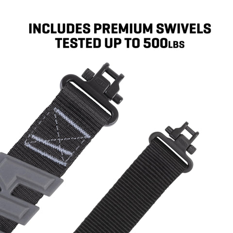 Baktrak Traction Web Rifle Sling 36 Inch With 500Lb Rated Swivels And Slim Non Slip Pad Black And Gray, close-up swivel view