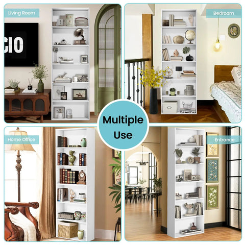 Tall 71 Inch White Bookshelf With Six Open Shelves Floor Standing Bookcase For Living Room Home Office And Bedroom