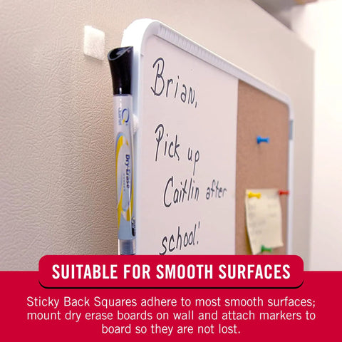 Sticky Back Fasteners With Removable Adhesive 0.88 In By 0.88 In White holding dry erase board