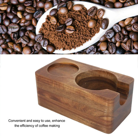 Rock Steady 58 Mm Coffee Tamper Stand With Solid Hardwood Portafilter Holder For Smooth Espresso Pulls And Slip Proof Tamping Platform, featuring a wooden design with grooves.
