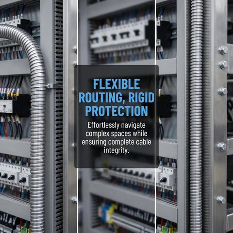 Built Tough Stainless Steel Flexible Wire Conduit For Electrical Cable Routing And High Temperature Rugged Metal Tubing with cables and equipment in the background.