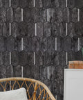 10 Pack Peel And Stick PVC Tile Sheets For Kitchen Backsplash And Bathroom Vanities Fireplace Decor Easy Install No Mess Durable Eco Friendly Vinyl With Extra Strong Adhesive And Heat Moisture Resistance 13.5 By 11.4 Inches, dark hexagonal design on wall near wicker chair and potted plant