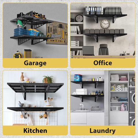 Heavy Duty Garage Wall Shelves 2 Pack 2x3 Ft Wall Mounted Storage Racks With Four Hooks Up To 560 Lbs Total Capacity in garage, office, kitchen, and laundry settings
