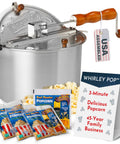 Hella Fluffy Stovetop Popcorn Maker Six Quart Aluminum Pot With Stirring Metal Gears For Next Level Movie Nights And Dope Buttered Kernels Quick Clean Kitchen Gear with popcorn packs and sign.