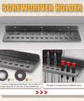 Metal Wall Mounted Tool Organizer Set for Workshop, screwdriver holder rack with round holes for various sizes, installed view.