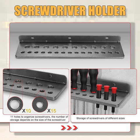 Metal Wall Mounted Tool Organizer Set for Workshop, screwdriver holder rack with round holes for various sizes, installed view.