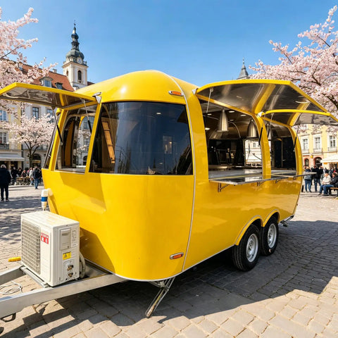 Top Tier Stainless Steel Food Trailer A Solid 16 Foot Yellow Mobile Kitchen Built Tough And Dot Certified For Street Ready Operators Running A Smooth Hustle With Zero Headache Logistics, exterior view with opened serving windows.