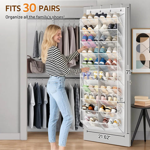 Over The Door Shoe Organizer With Breathable Mesh 10 Tier Holds 30 Pairs White Closet Storage Space Saver displayed in room
