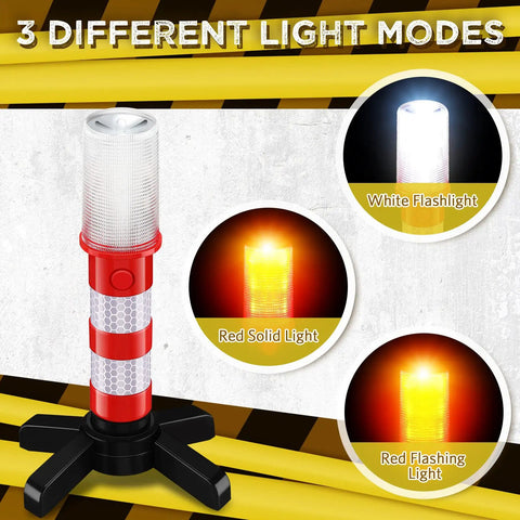 6 Piece Emergency Roadside Flares Kit With LED Safety Strobe Lights in three light modes display