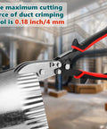 5 Blade Hand Crimper for Sheet Metal, 10.5 Inch HVAC Duct Tool in use, featuring ergonomic black handle and red accents, crimping metal.