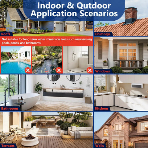 Indoor and outdoor application scenarios for Heavy Duty Clear Waterproof Sealant 35 Ounce Slick Water Based Coating.