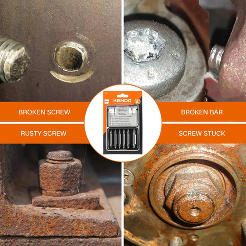 Six Piece HSS Screw Extractor Set For Drills Removes Stripped And Damaged Screws Bolts And Nuts Drill Bit Tools displayed with rusty screws