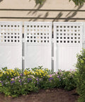 4-Panel Outdoor Screen Enclosure Freestanding Wicker Resin Privacy Screen with reversible hinged panels, hides yard clutter.