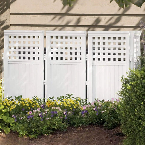 4-Panel Outdoor Screen Enclosure Freestanding Wicker Resin Privacy Screen with reversible hinged panels, hides yard clutter.