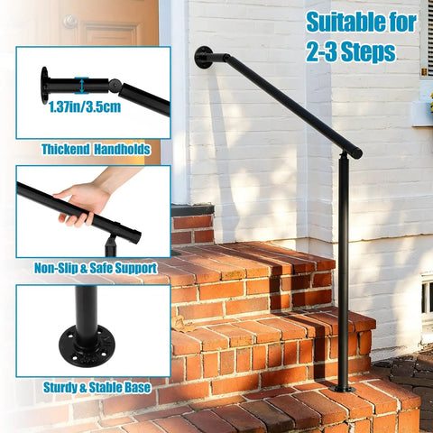 Pro Level Wrought Iron Hand Rails For Outdoor Steps 2 Or 3 Adjustable Indoor Outdoor Stair Railing Kit showing sturdy black railing on brick steps.