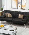 Ultra Comfy Leather Look Futon Sofa Bed With Removable Armrests And Adjustable Recliner Sleeper Sofa With Dual Cup Holders Modern Chrome Legs Premium Faux PU Leather Great For Living Room Apartment Or Office Black